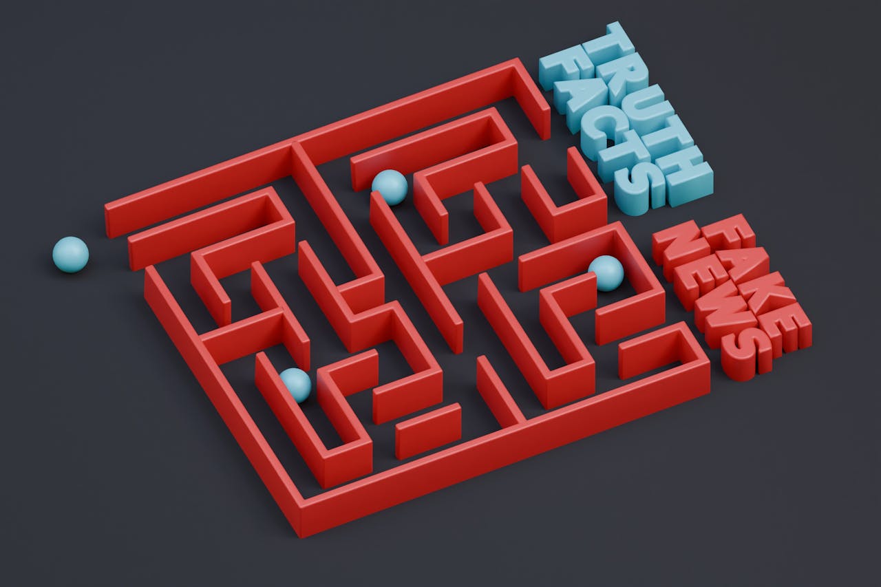 portfolio-05 3D render of a red maze labeled with fake news and truth concepts.