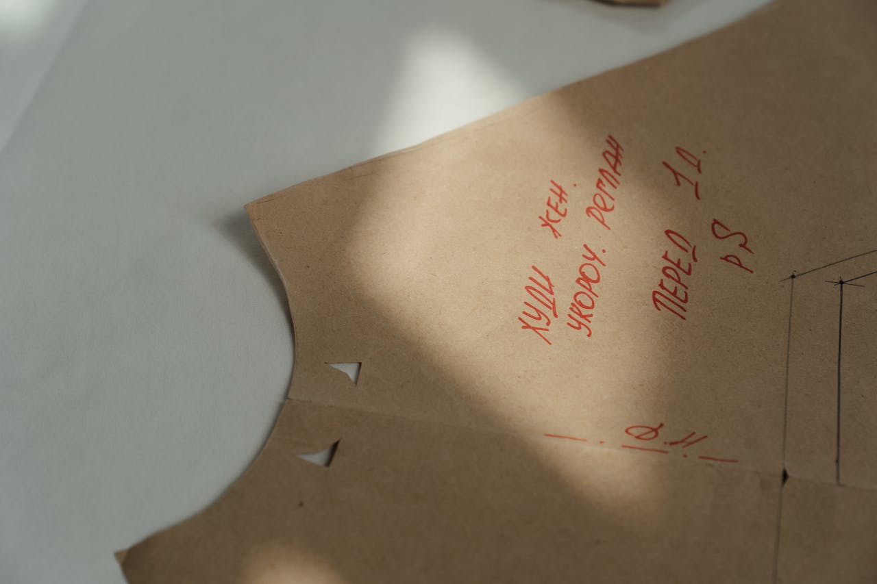 portfolio-06 Close-up of a detailed sewing pattern drawn on brown craft paper with red text.